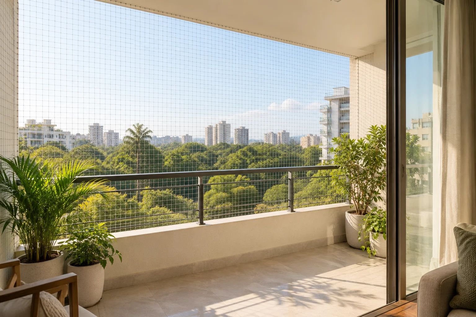 Illustrative apartment balcony with bird-exclusion netting